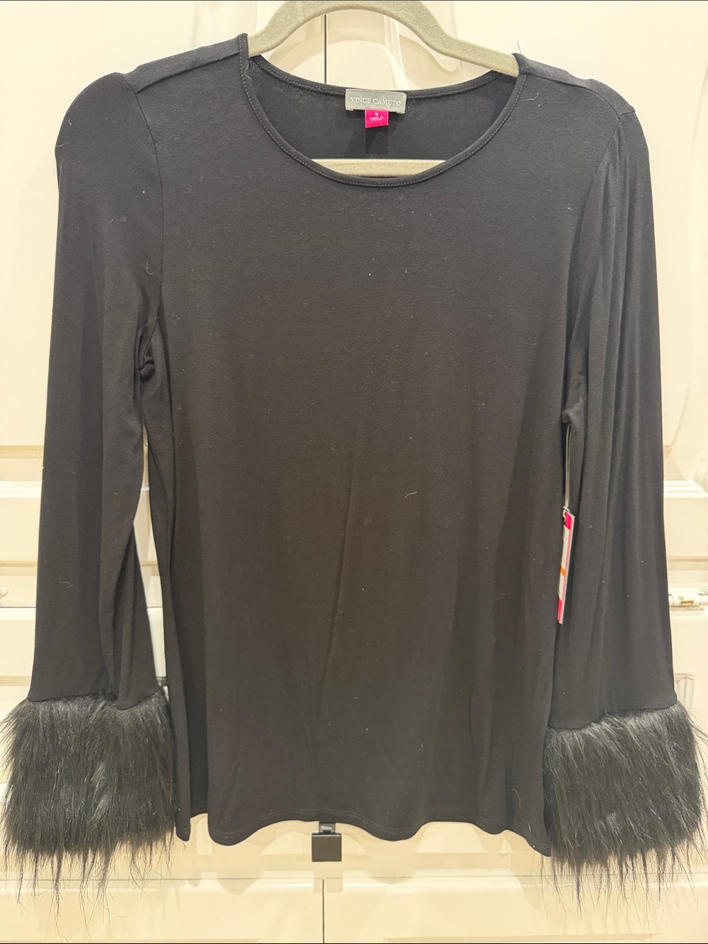 Vince Camuto Black Long-Sleeve Top with Faux Fur Cuffs